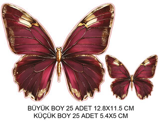 DEKORATİF SÜS İKİ BOY KELEBEK BORDO SET:25 ADET - Thumbnail