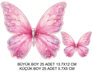 DEKORATİF SÜS İKİ BOY KELEBEK PEMBE SET:25 ADET - Thumbnail